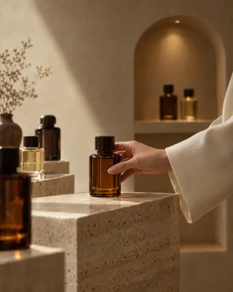 يد متسوّقة تمسك زجاجة عطر كهرمانية في متجر عطور هادئ